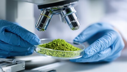 Scientist examining green powder under microscope (2)