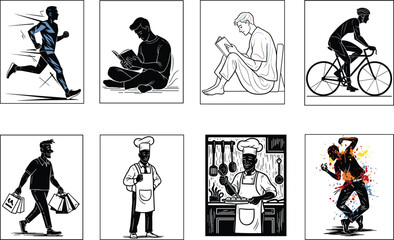 Printector illustration of people doing various activities including running, reading, cycling, shopping, cooking, and dancing in modern flat minimal style.