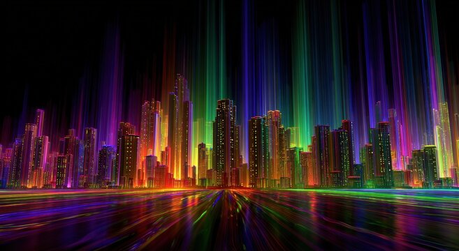 Abstract city skyline with vibrant light trails
