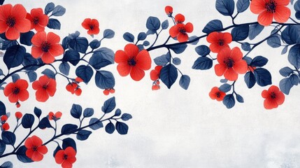 A delicate floral design features vibrant red blossoms and deep blue-gray leaves, arranged artistically on branches against a light background.