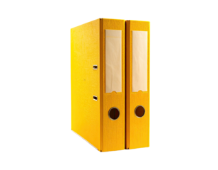 Two yellow file folders stacked vertically, showing file slots and labels