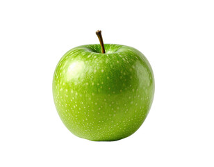 Single, vibrant green apple, smooth skin with small, light green dots, stem visible