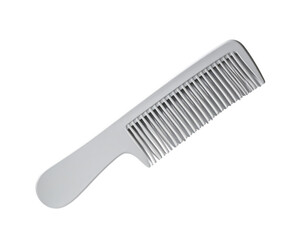 A plain, white plastic comb with a handle
