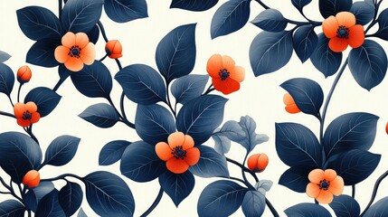 A captivating floral pattern showcases vibrant orange blossoms and deep navy leaves, arranged artistically on a creamy white background.