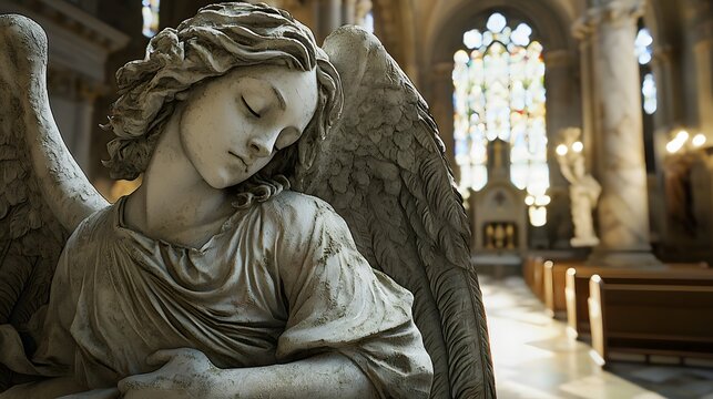 A serene angel statue in a grand church setting with stained glass windows and soft light