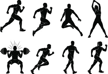 PrintFitness silhouette running, stretching, boxing, lifting weights, athletic posture, workout motion, black vector illustration, sports activity, gym training, health exercise graphic