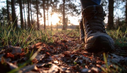 Hiking boots on a forest path at sunrise