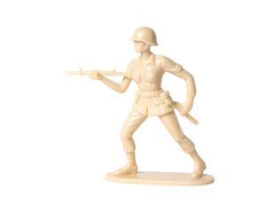Beige plastic toy soldier figure, posed in a dynamic stance, holding a rifle (1)