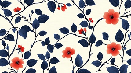 A repeating pattern of vibrant coral-red flowers and deep navy blue leaves on a cream background, creating a visually appealing and elegant design.