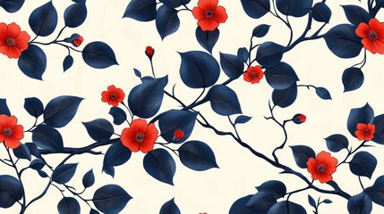 A repeating pattern of dark blue leaves and vibrant red flowers on cream-colored branches, creating a delicate and elegant floral design.