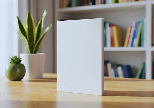 Blank book cover template standing on wooden surface againts blue blurred background with book shelfs. Front view of magazine mockup