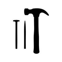 Black Silhouette of a Hammer and Two Nails Against White Background