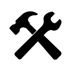 Black and White Image of a Hammer and Wrench tools Crossed Silhouette