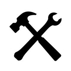 Black silhouette of crossed hammer and wrench on white background, construction icon