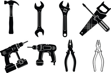 Obraz premium PrintHand tool silhouette, hammer, wrench, screwdriver, saw, drill, pliers, black vector illustration, construction icon, repair equipment, DIY graphic