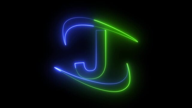 glowing neon letter a color trendy glowing neon alphabet letter J animation on black background.