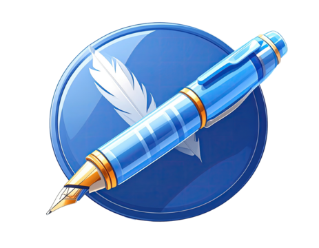 Blue round button icon, featuring a stylized pen and feather