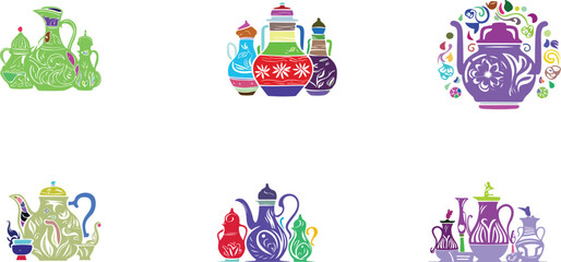 Colorful decorative ceramic vessels pottery jugs