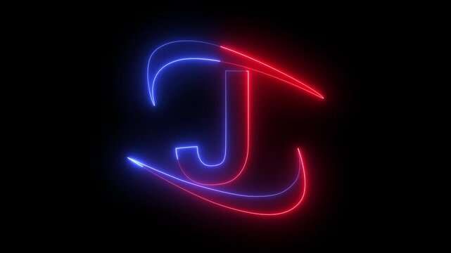 glowing neon letter a color trendy glowing neon alphabet letter J animation on black background.