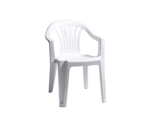 Isolated white plastic child's chair with armrests.  Simple, lightweight, and modern design