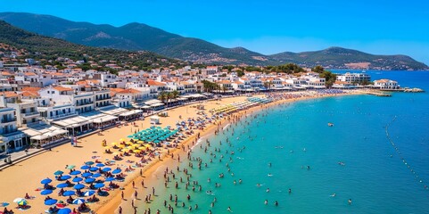Turquoise sea meets lush hills behind bustling beachside village 