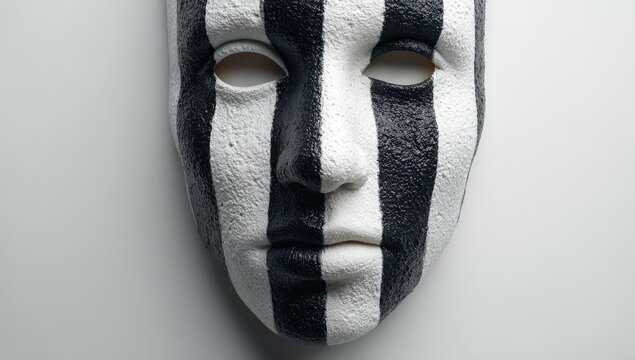 Close-up of a stylized mask, black and white vertical stripes