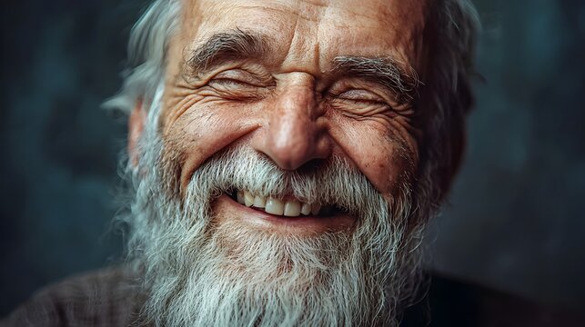 Close-up portrait of a smiling, happy elderly man with a long white beard and closed eyes