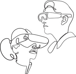 One Line Drawing of Man and Woman Wearing VR Headsets