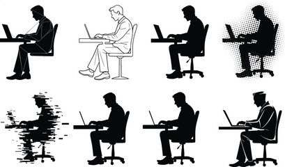 PrintStylized illustrations of people working on laptops at desks, showcasing diverse artistic effects, digital work styles, and creative design variations.