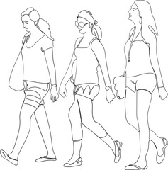 One Line Drawing of Three Women Walking Casually