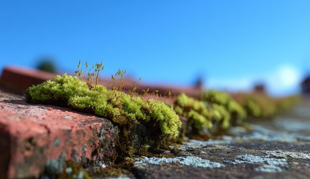 Close-up of moss growing on terracotta roof tiles
