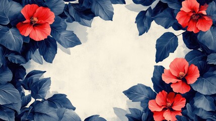 Vibrant coral hibiscus flowers and deep navy foliage create a striking floral border against a muted cream backdrop.
