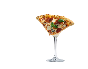 Pizza slice held aloft in a martini glass