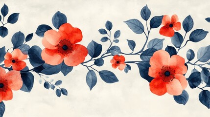 Delicate, watercolor-style floral arrangement features vibrant coral blossoms, dark teal leaves, and a light beige backdrop, creating a serene and elegant design.
