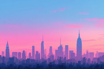 Silhouetted city skyline at dawn, pastel colors