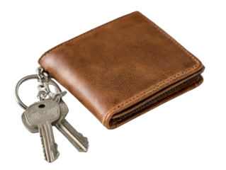 Brown leather wallet keychain and tag showing embossed design.