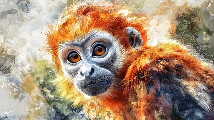 Obraz premium A close-up portrait of a vibrant orange and grey monkey with expressive eyes