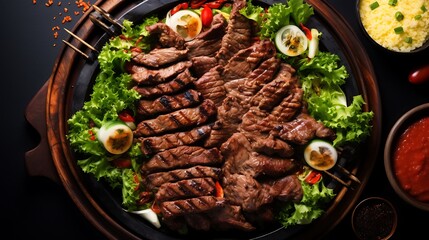 Vibrant flat-lay of grilled meat plate with symmetrical layout chicken kebabs, lamb chops, beef chunks, rice on one side, bulgur and salad on the other