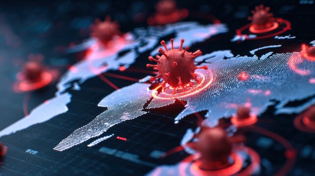 A digital representation of a world map with red virus icons, illustrating the spread of infections globally.