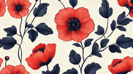 A beautiful floral pattern showcasing vibrant red poppies and dark navy leaves on a cream background.