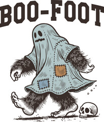 Boo-Foot – Bigfoot in Ghost Costume Walking with Skull, Humorous Halloween Cryptid Illustration for Monster Lovers and Funny Autumn Apparel