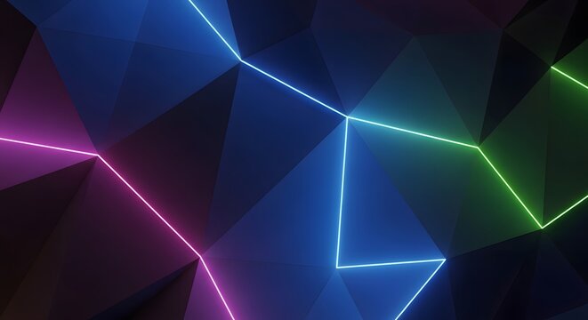 Abstract low poly background with colorful neon glowing lines. - Powered by Adobe