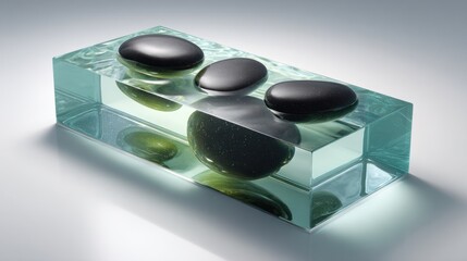Clear resin block holds dark stones