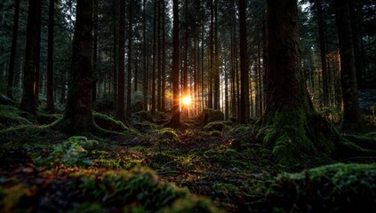 Obraz premium Golden sunlight pierces a dense forest