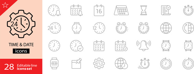 Time And Date related icon set. Containing day, alarm, date, hourglass, time, calendar, countdown and more. Minimalist icons collection. Clock modern icon set. Editable stroke. Vector illustration.
