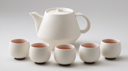 White ceramic tea set on plain background