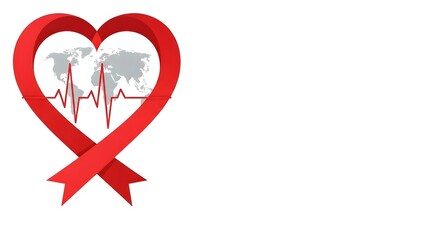 Red ribbon heart with world map and heartbeat isolated on white background