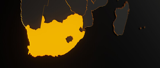 Golden South Africa 3d map surrounded with other countries in black with golden borders and shallow dof. Africa political map with borders