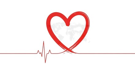 Red heart with world map and heartbeat line isolated on white background