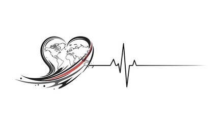 Heartbeat electrocardiogram with world map inside heart shape isolated on white background